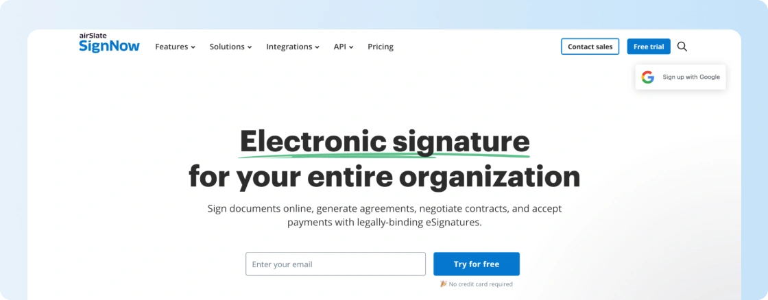 SignNow homepage advertising electronic signatures for organizations