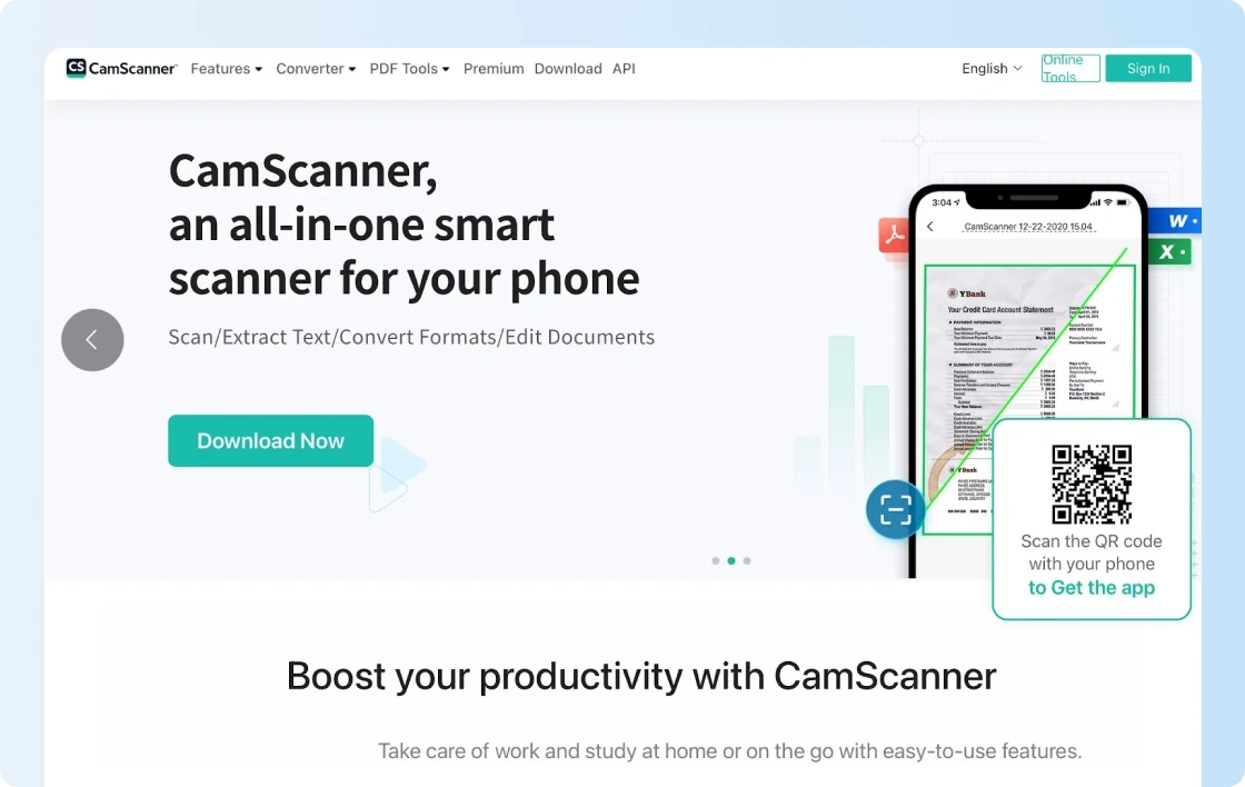 CamScanner homepage showing mobile document-scanning features