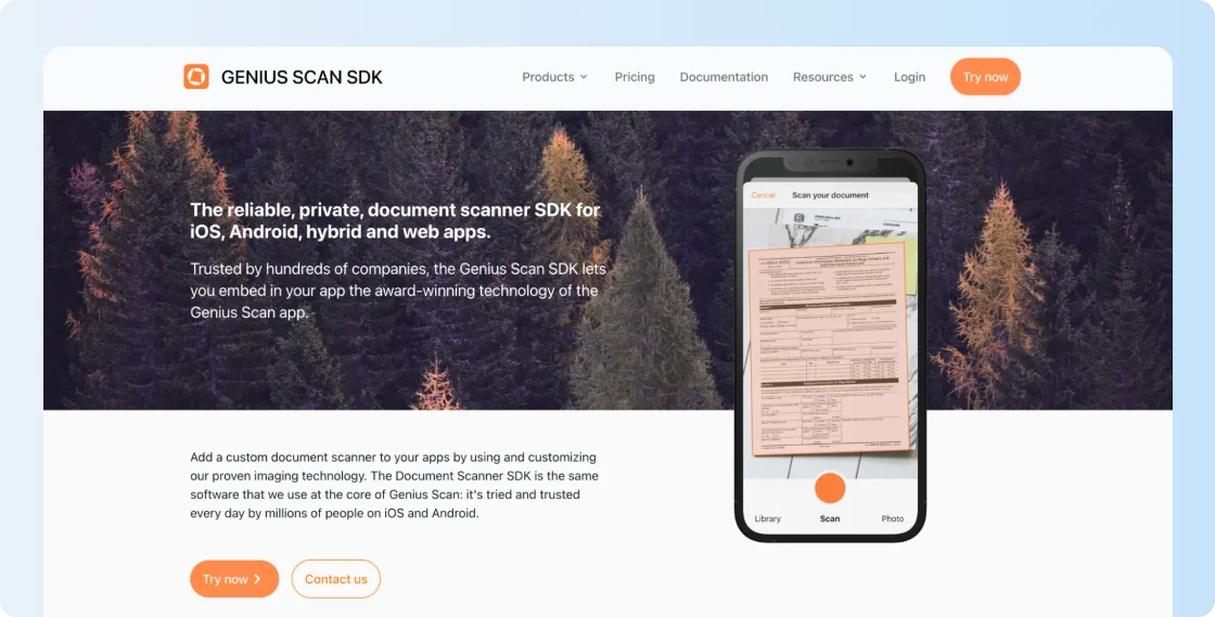 Genius Scan SDK webpage featuring phone-based document scanning