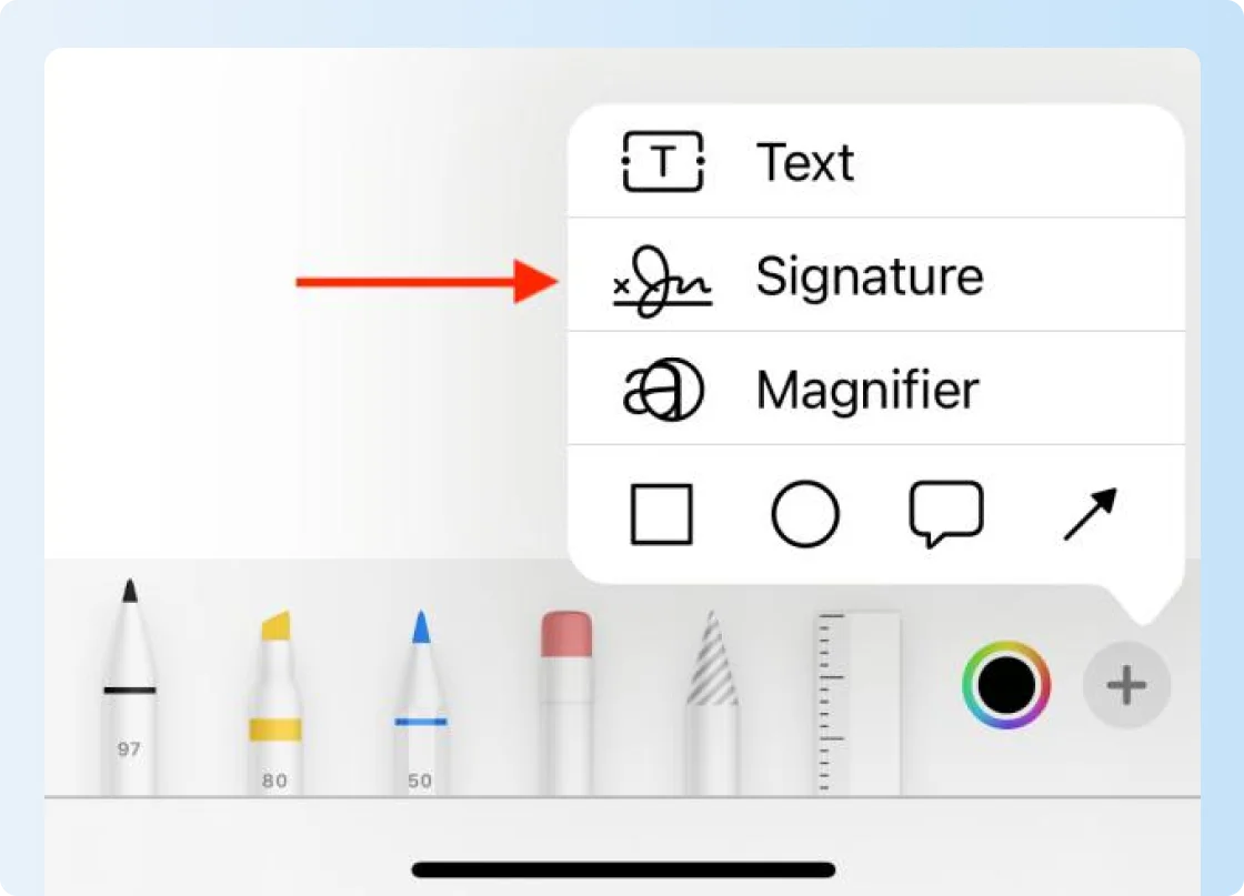 Apple Notes Markup menu showing the Add Signature option