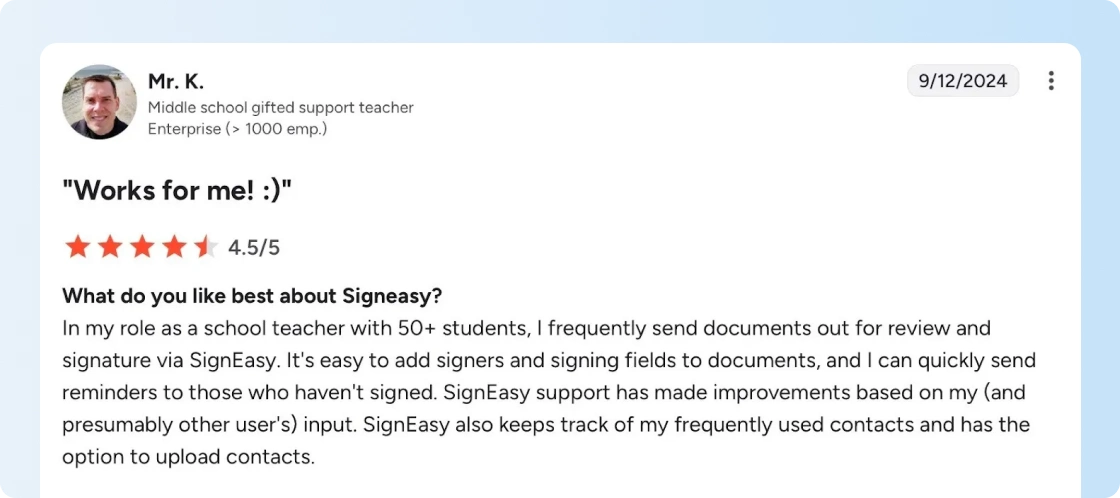 G2 review about Signeasy signing fields, reminders, and saved contacts