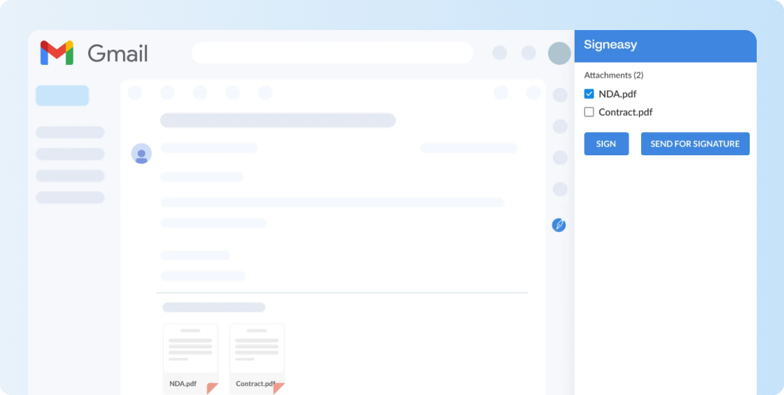 Gmail message with Signeasy sidebar showing signing options for PDF attachments