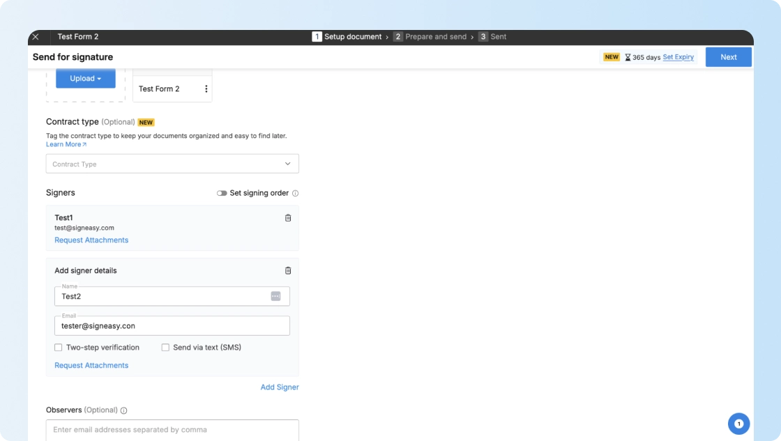Signeasy signature request screen with recipient fields and signing order