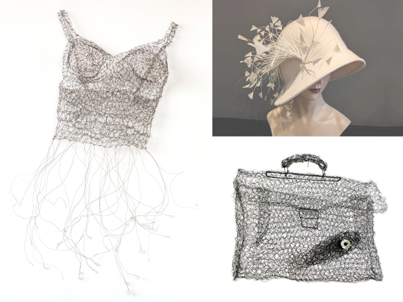 Ruth Wegerer, „Female Poesie“, 2014, Bouillondrahteffekt gehäkelt, Foto: Helmut Mitter; Danica Beyll, „Weißer Schwan“, 2024, Merinofilz, Gänsefedern; Elfriede Maria Klepoch "Aktentasche mit Fisch" 2026 geglühter Eisendraht Tasche 40 x 40 x 10 cm, Fisch 24 cm Foto Klepoch