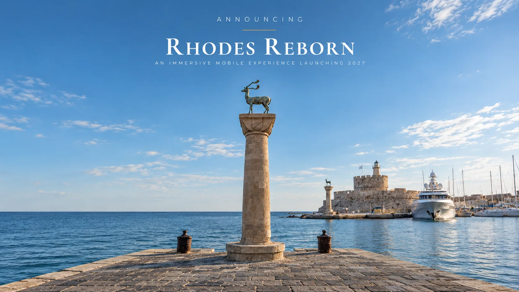Rhodes Reborn key art showing the Colossus at Mandraki harbour