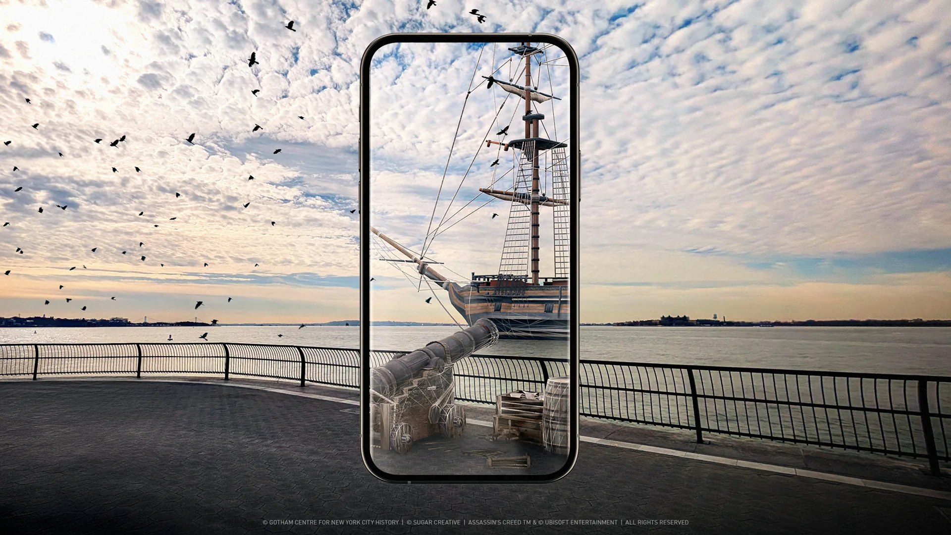Echoes of Revolution key art with a historic ship revealed through a phone