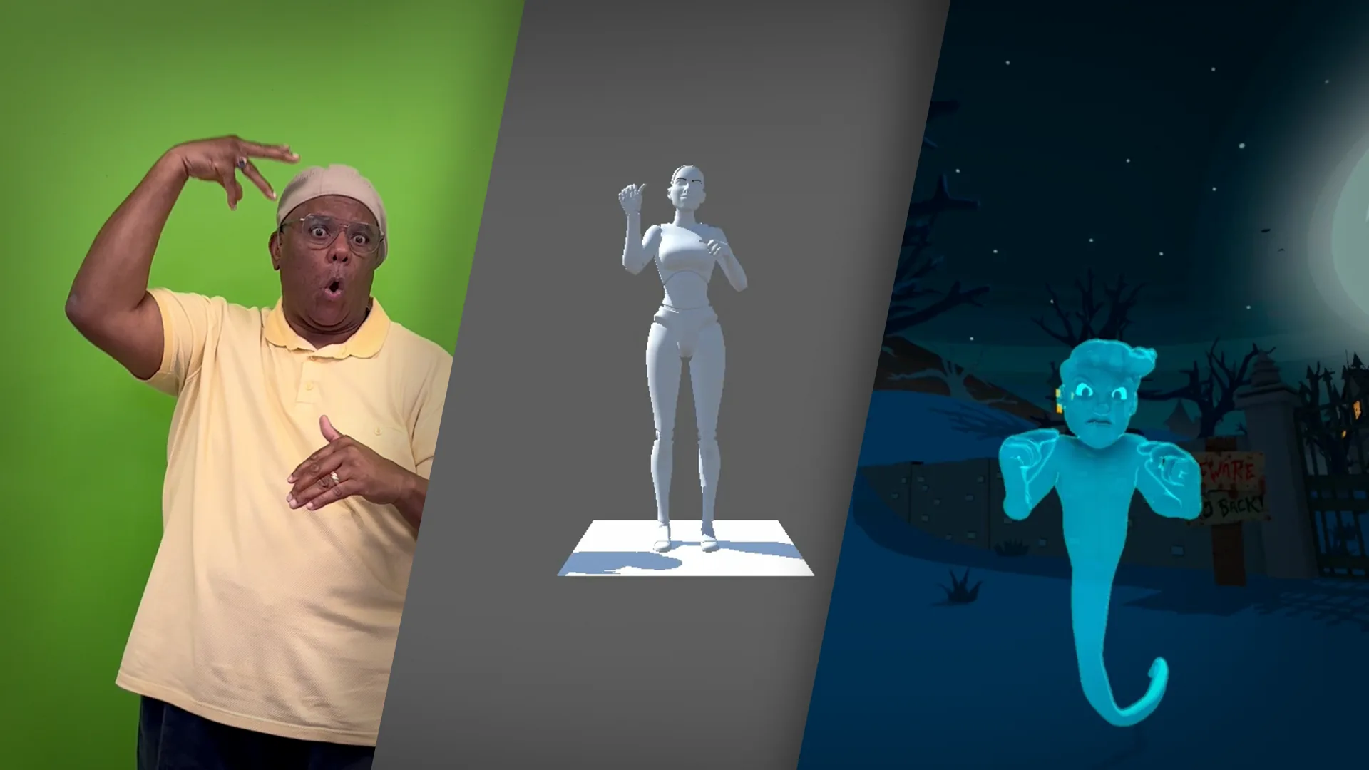 A performer and digital characters illustrating inclusive storytelling
