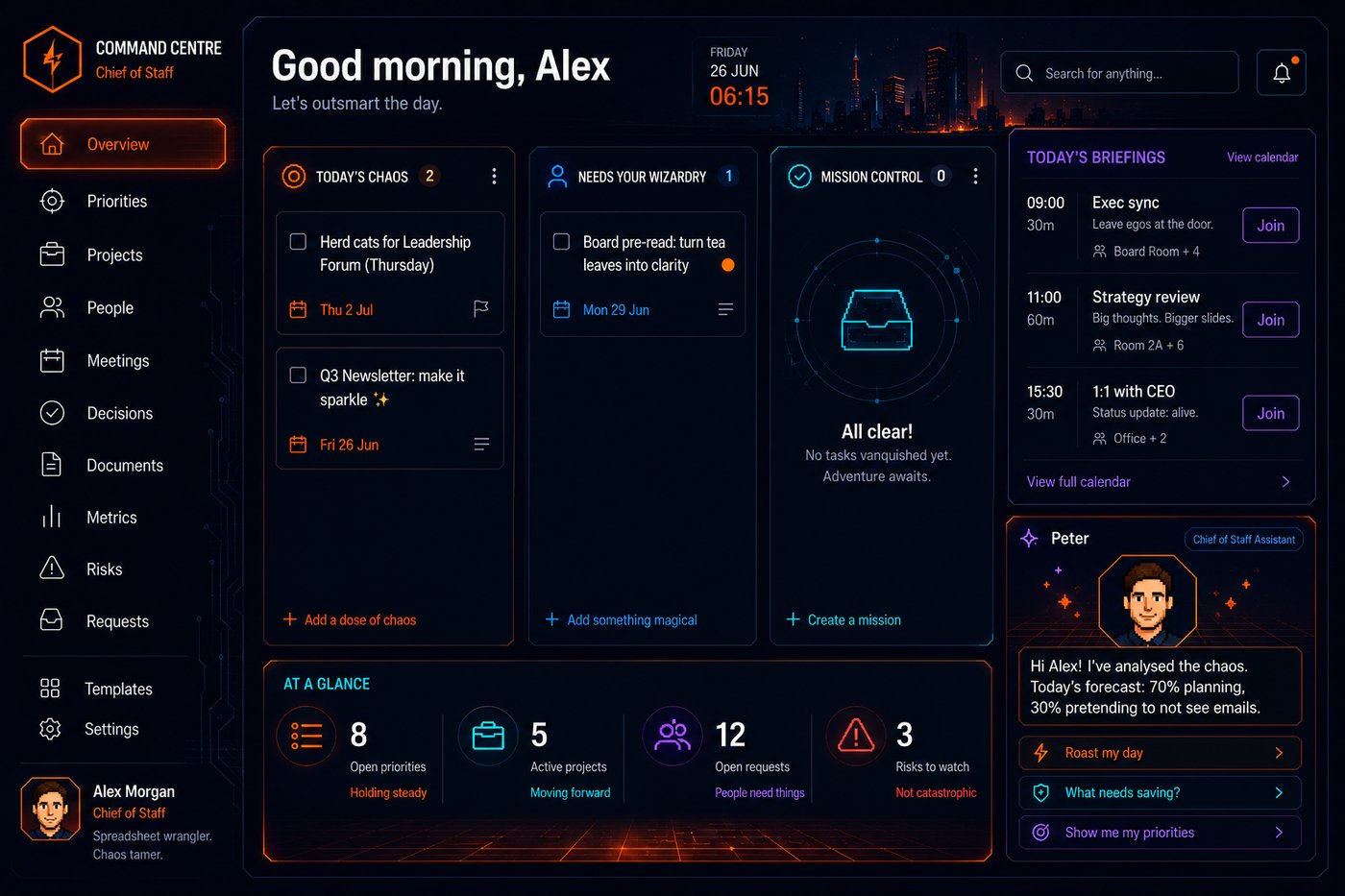 Command Centre dashboard mock-up: dark sidebar, today's tasks, mission control, briefings, and Peter's assistant panel