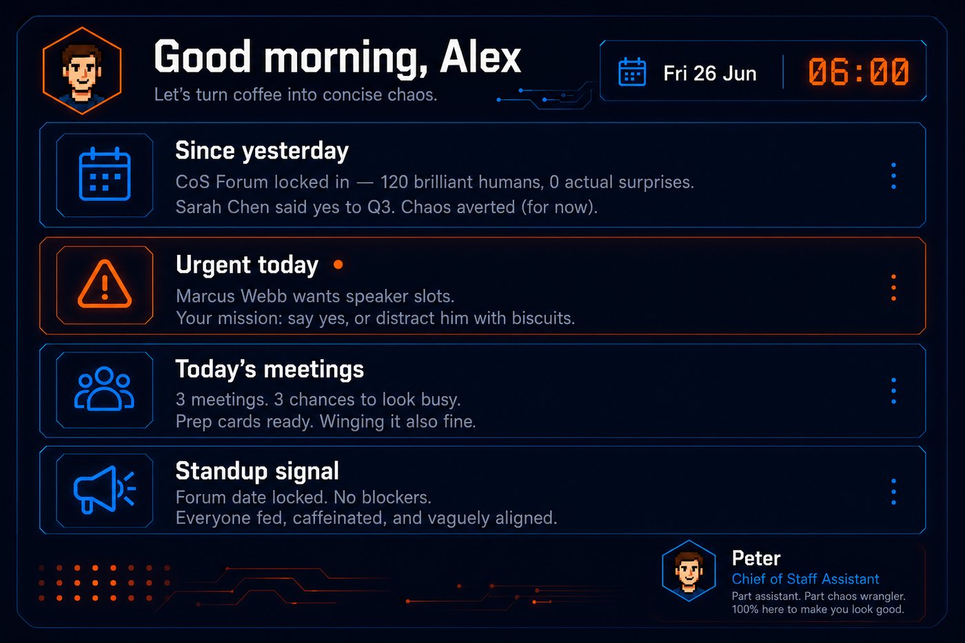 Morning brief mock-up: Since yesterday, Urgent today, Today's meetings, Standup signal — delivered at 06:00