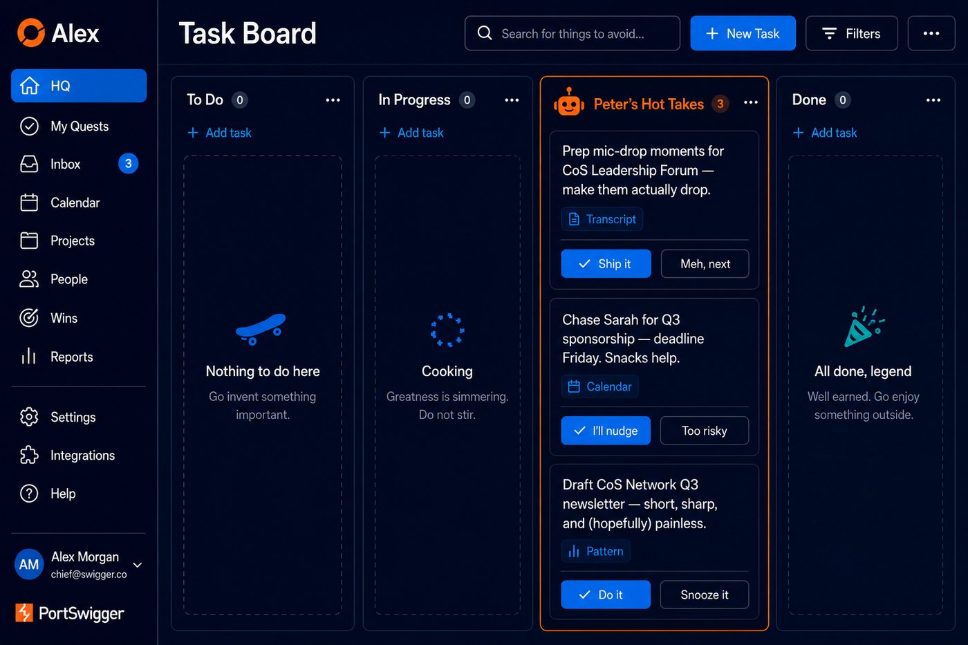 Task board mock-up with Peter's suggestions column highlighted — cards with accept and dismiss buttons, tagged with source (Transcript, Calendar, Pattern)