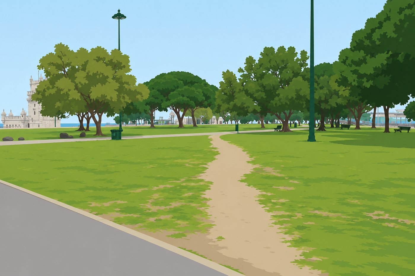 Illustration of a park with a worn dirt desire path cutting across the grass, diverging from the paved footpath