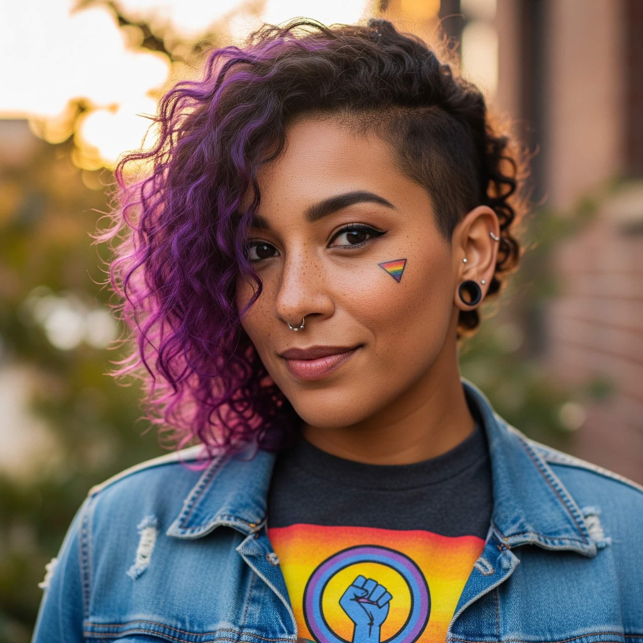 Pretty ethnically mixed looking woman with edgy haircut - shaved on one side and curly and purple on the other