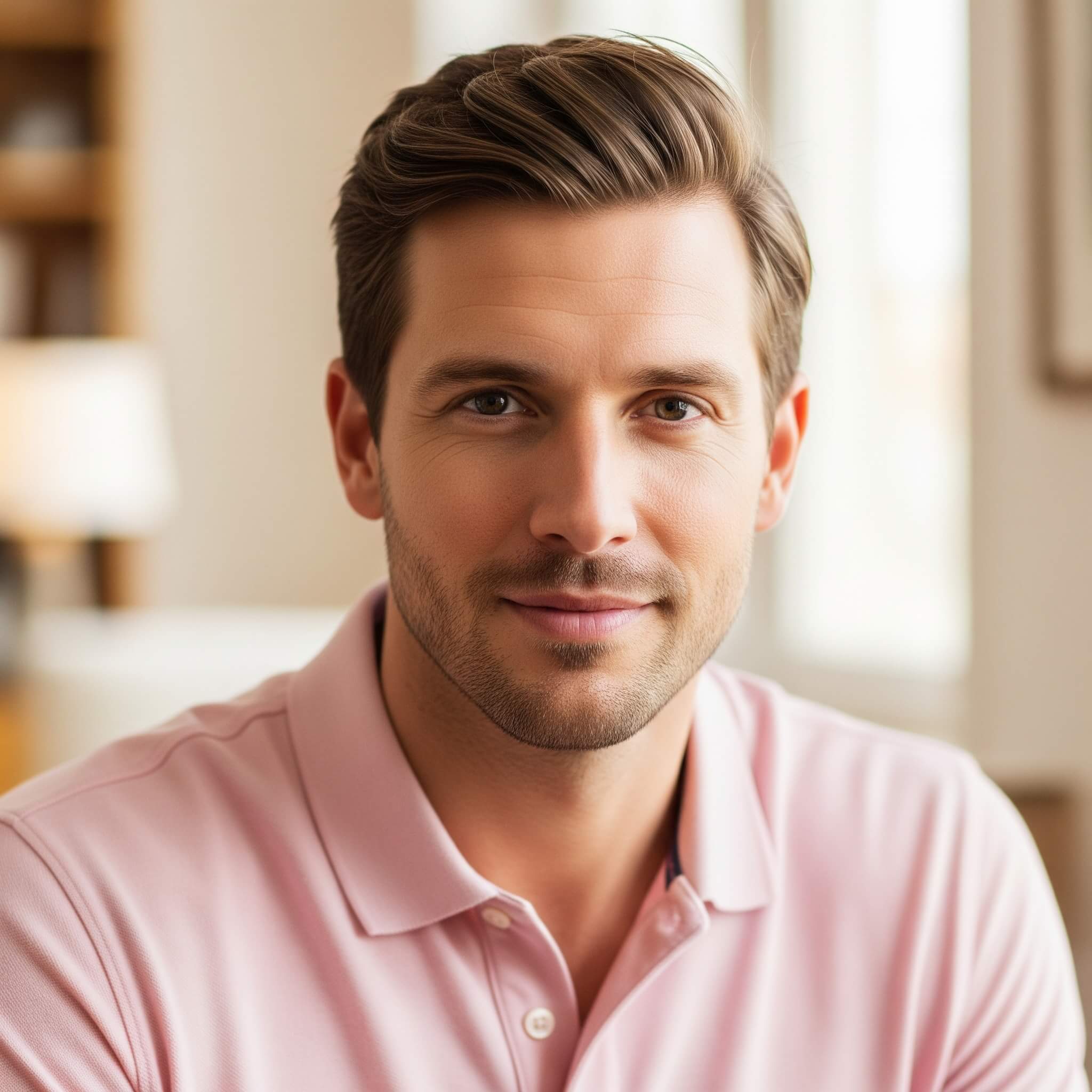 Pretty Caucasian man with coiffed hair wearing a pink polo shirt