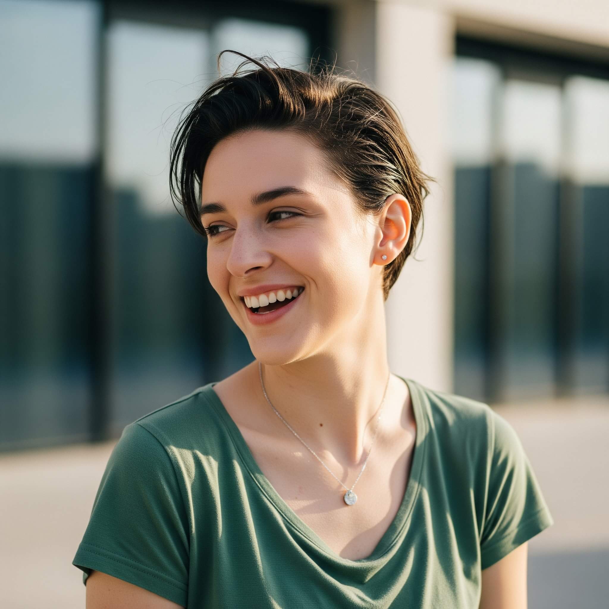 Attractive androgynous person smiling and looking away wearing a green shirt