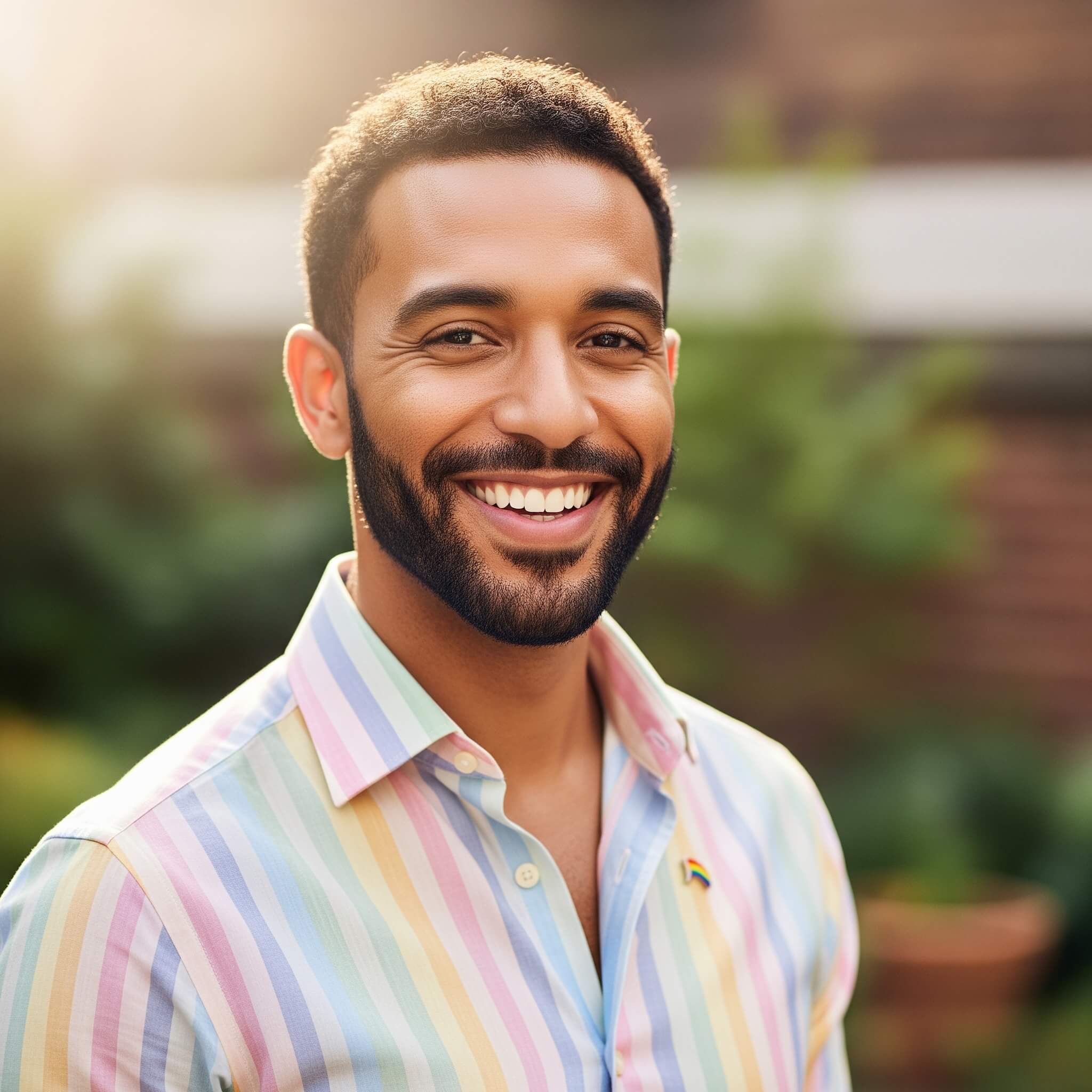 Young black man with a beard wearing a striped rainbow button down shirt