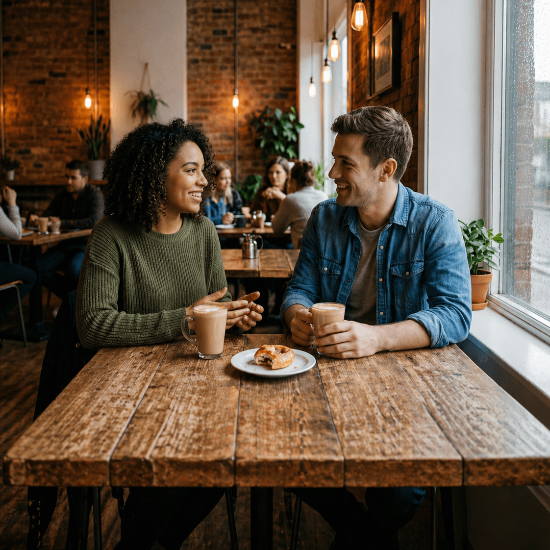 Black woman and Caucasian man enjoying coffee at a cafe