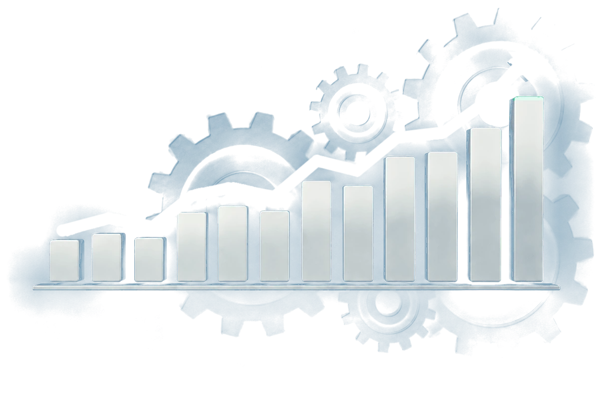 Upward growth chart with gears representing an integrated revenue engine