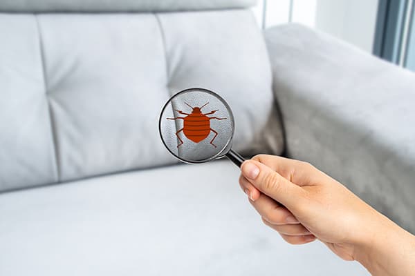 person holding magnifying glass over sofa with dust mite
