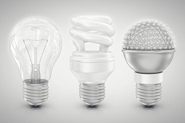 Three different light bulbs in a line