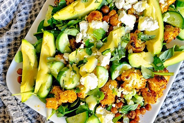 Roasted Cauliflower and Chickpea Salad with Creamy Yoghurt Dressing