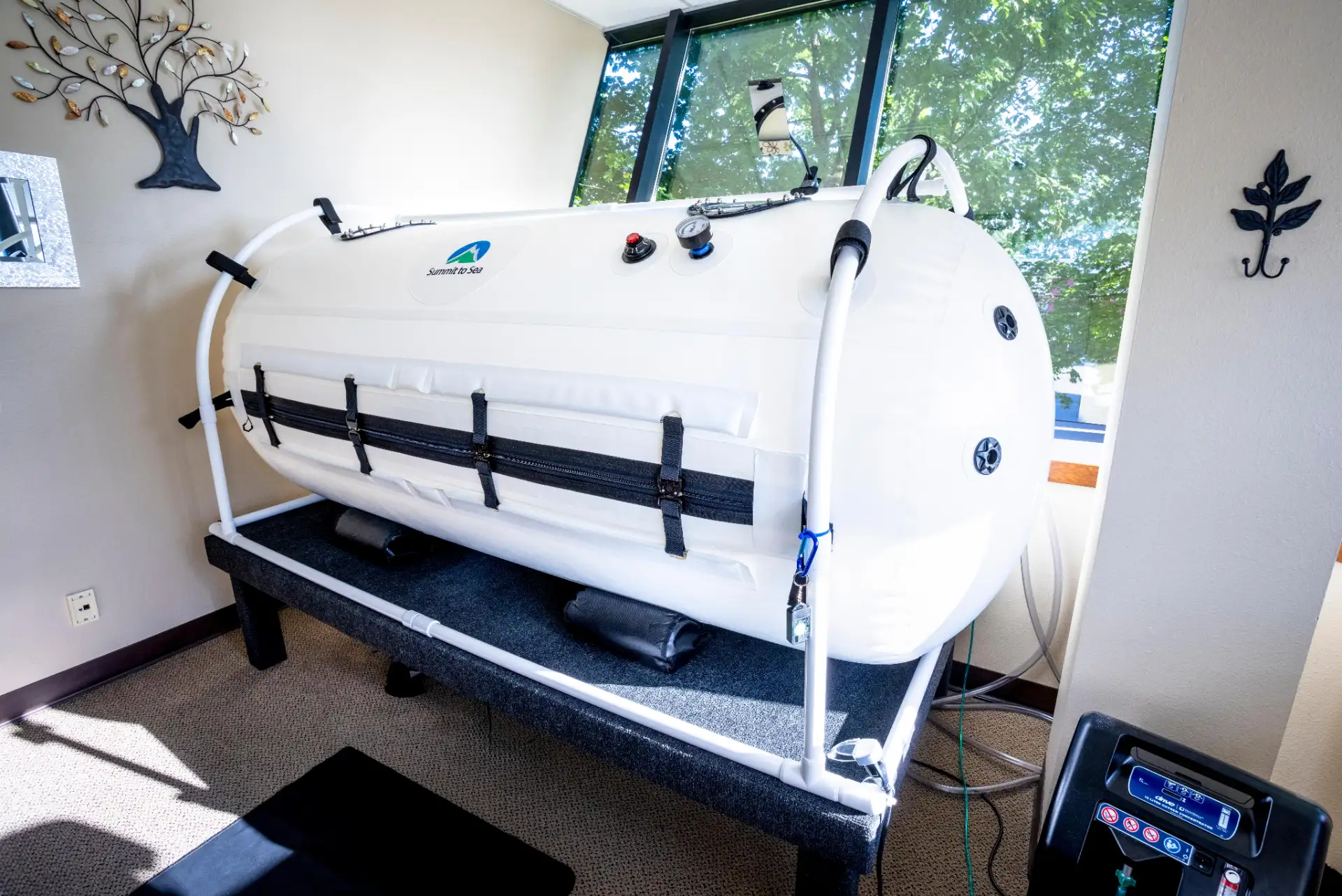 White hyperbaric oxygen therapy chamber with controls inside a room near a window.