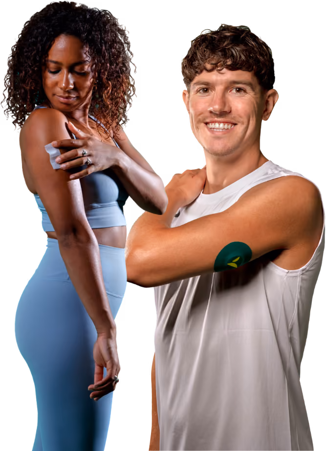 Couple showing their CGM sensor patches