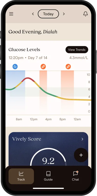 Vively app showing glucose with meals