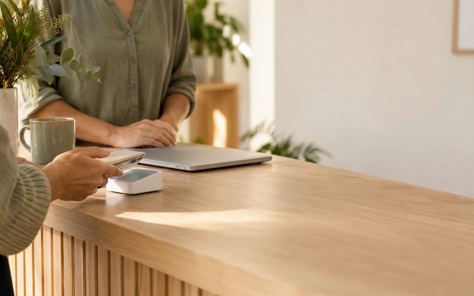A client paying with a phone at a clinic reception desk