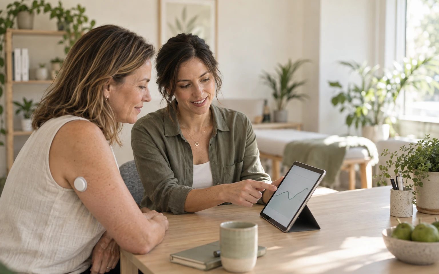 A dietitian reviewing a client’s glucose trend on a tablet