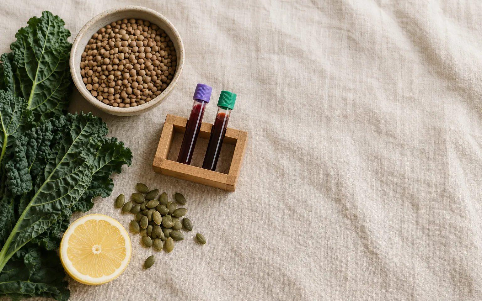 Blood collection tubes beside iron-rich foods