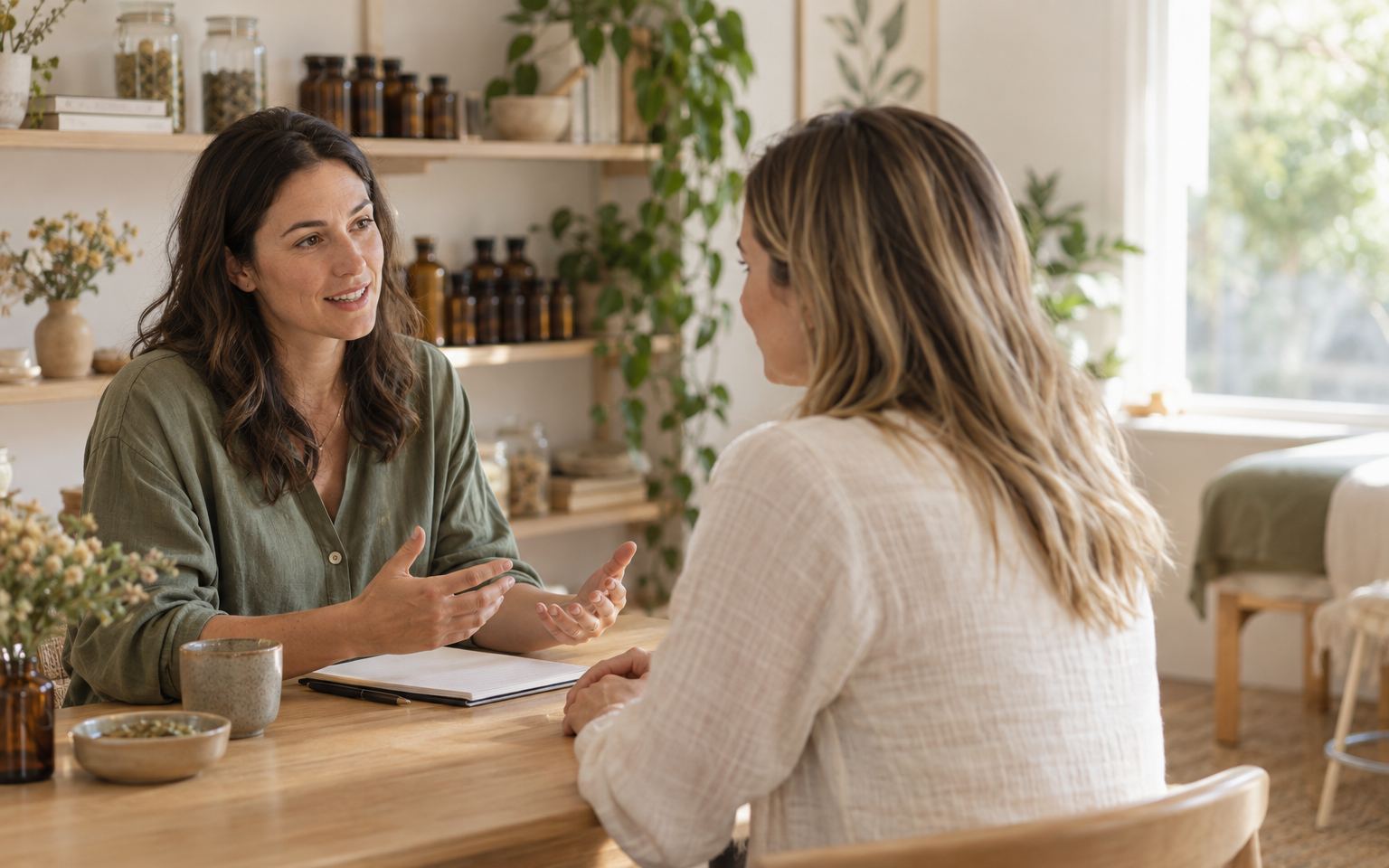 A naturopath talking with a client in her clinic