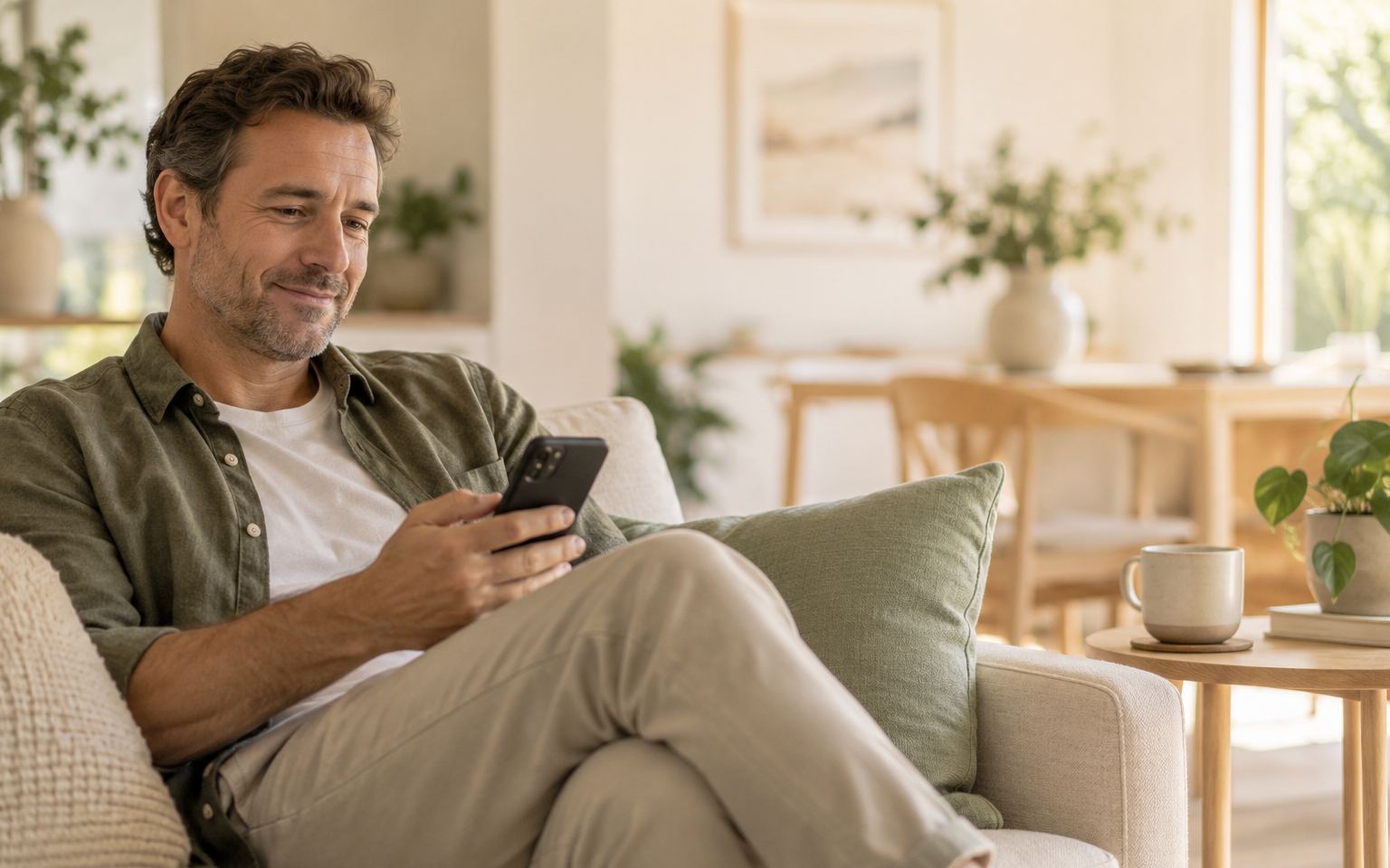 A man reading a message on his phone at home