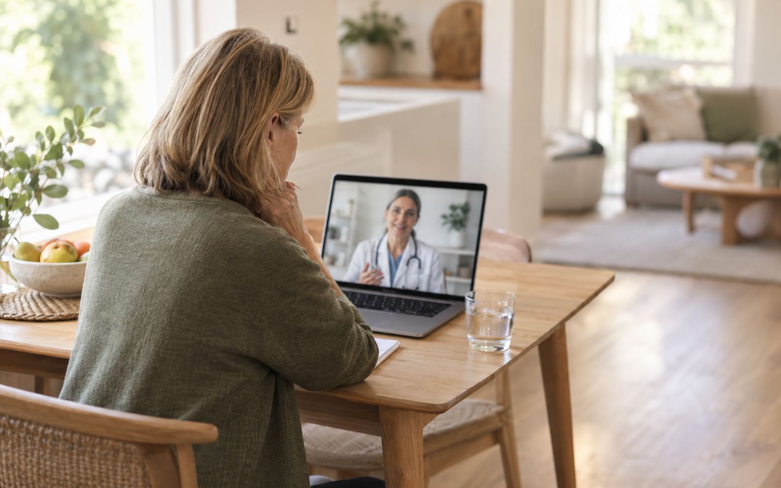 A woman on a telehealth call with a GP at her kitchen table