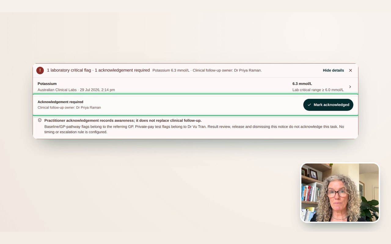 A laboratory critical-flag panel in a client record, with Dr Michelle Woolhouse