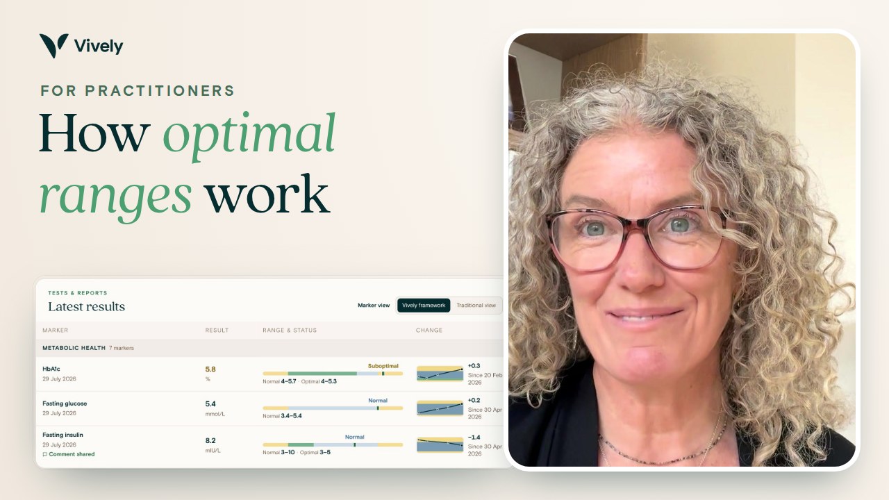 Dr Michelle Woolhouse beside a results table showing the lab range and the Vively optimal range