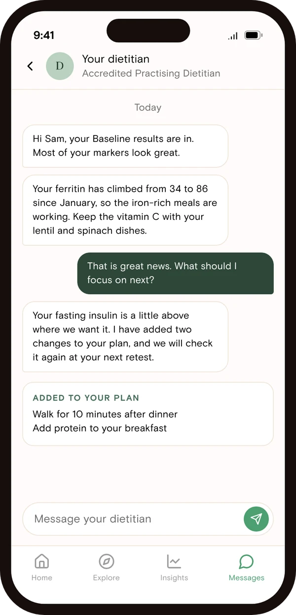 A Vively dietitian explaining blood test results and adding actions to a member plan