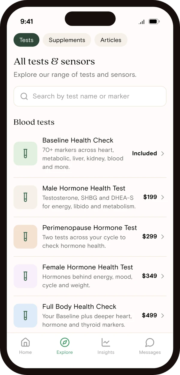 The Vively app test list showing the Baseline Health Check and hormone tests with prices