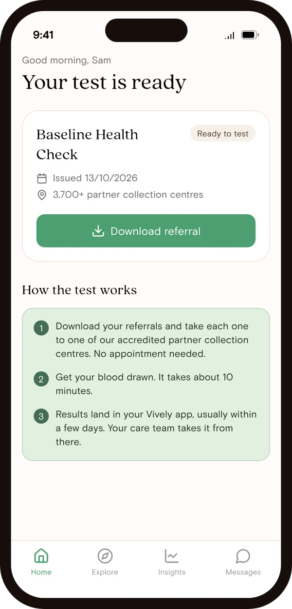 A blood test referral ready to download in the Vively app, with the steps for the test
