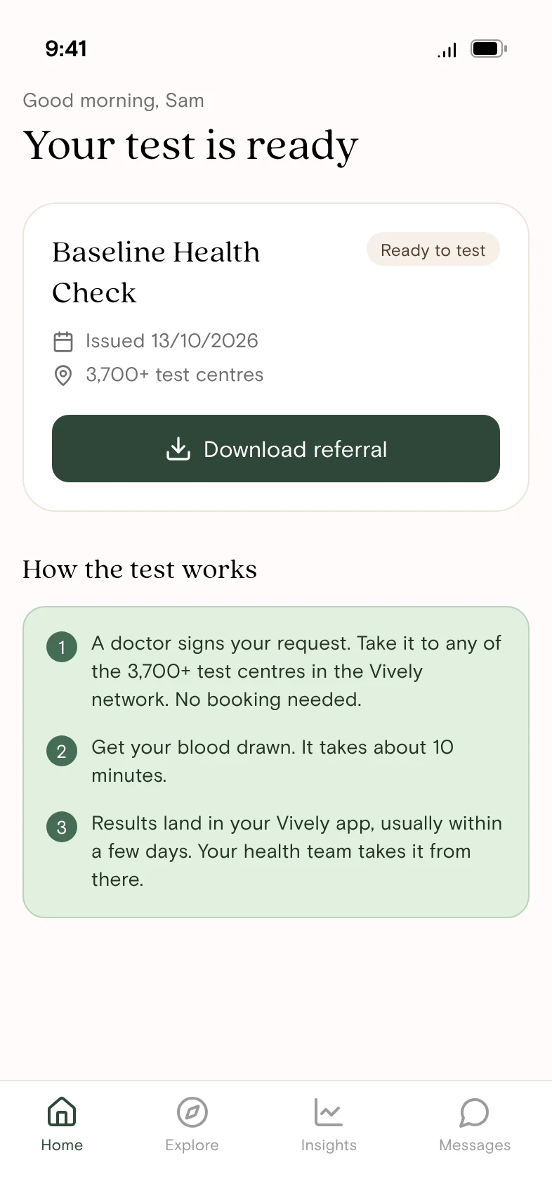 The Vively app home screen with a Baseline Health Check ready to test, a Download referral button and the steps to get tested at any of the 3,700+ test centres