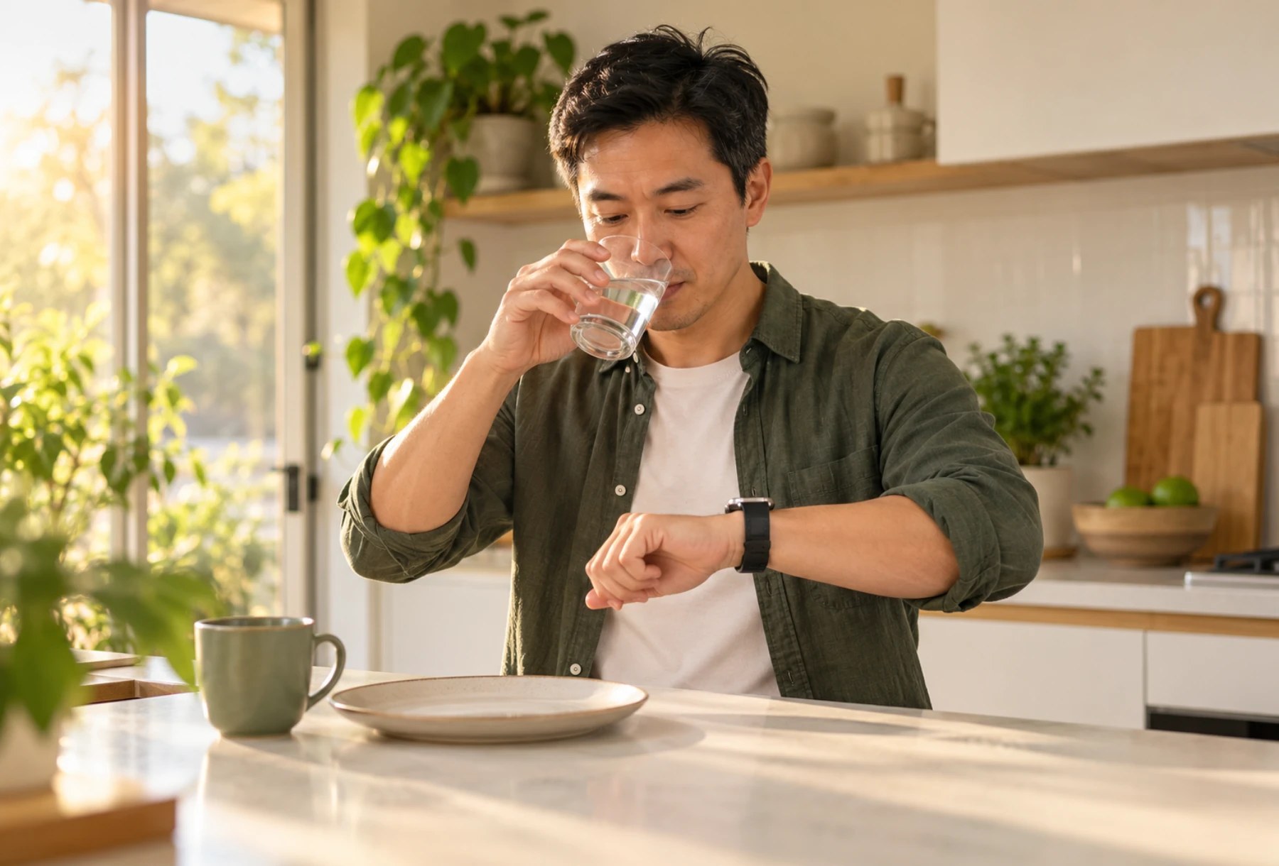 Man drinking water in his kitchen before a morning fasting blood test