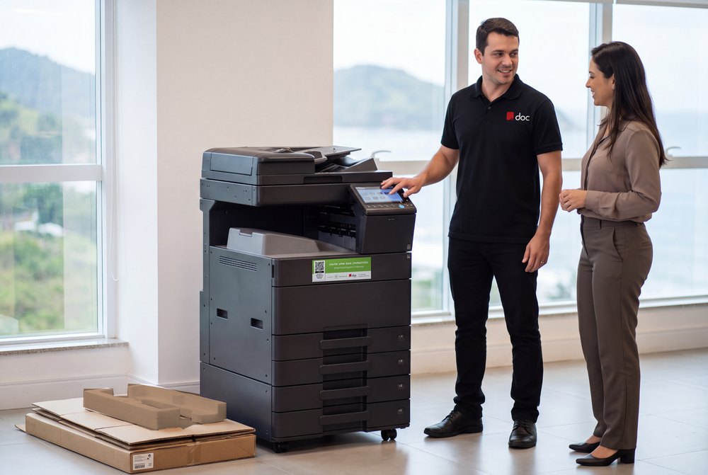 Técnico configura a multifuncional nova e mostra o painel a uma funcionária