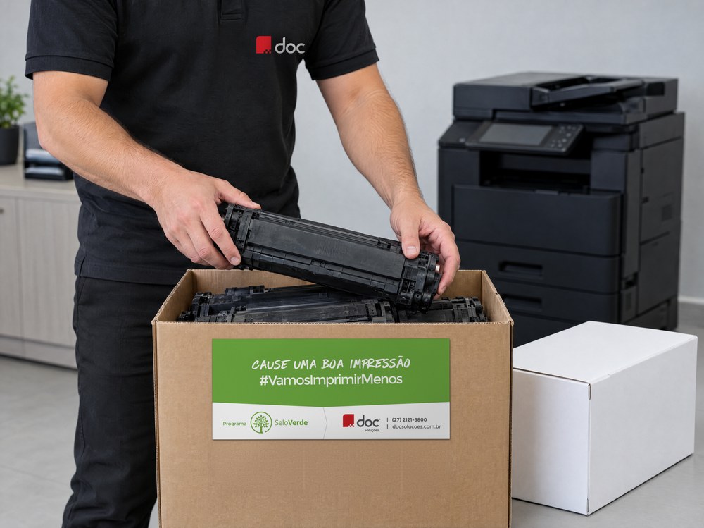 Técnico da Doc coloca o toner usado na caixa de coleta do Programa Selo Verde