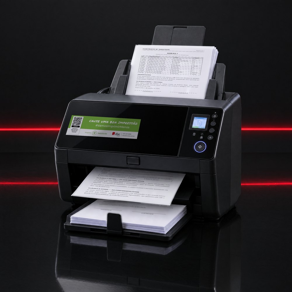 Scanner profissional de mesa digitalizando documentos, com a etiqueta da Doc
