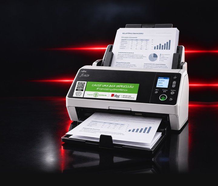Scanner profissional de mesa digitalizando documentos, com a etiqueta da Doc