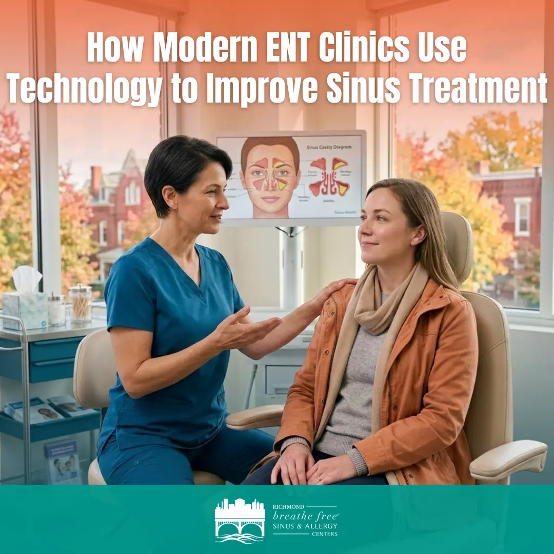 Branded blog graphic for Richmond Breathe Free showing an ENT provider in blue scrubs speaking with a seated patient in an exam room.