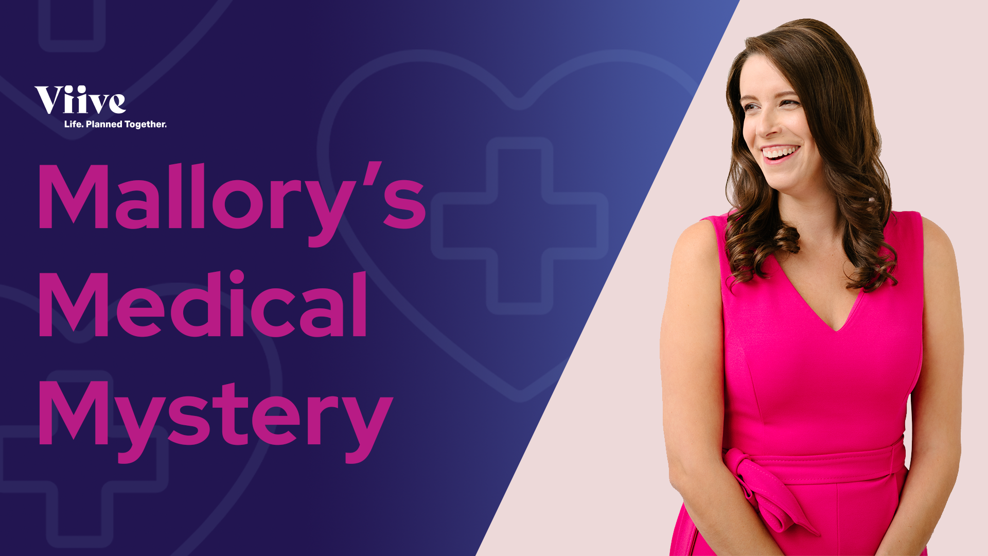 Mallory, wearing a pink dress, smiling and laughing.