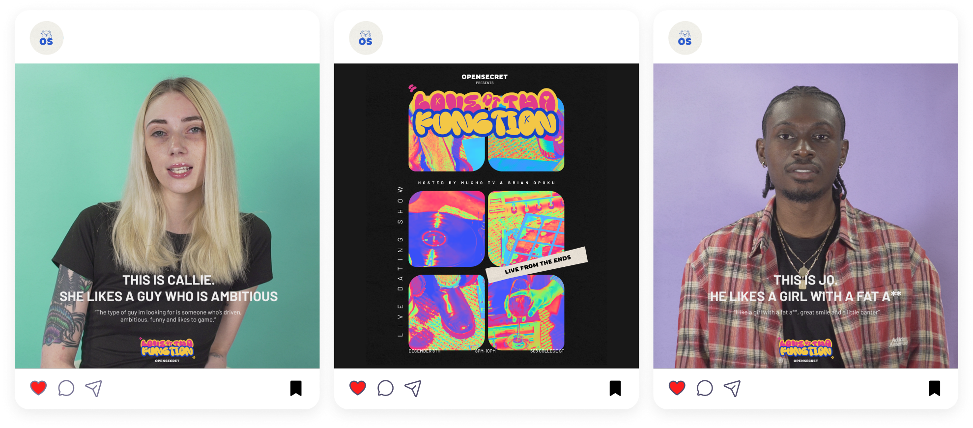 Brand identity graphics for Love at Tha Function live dating show experience