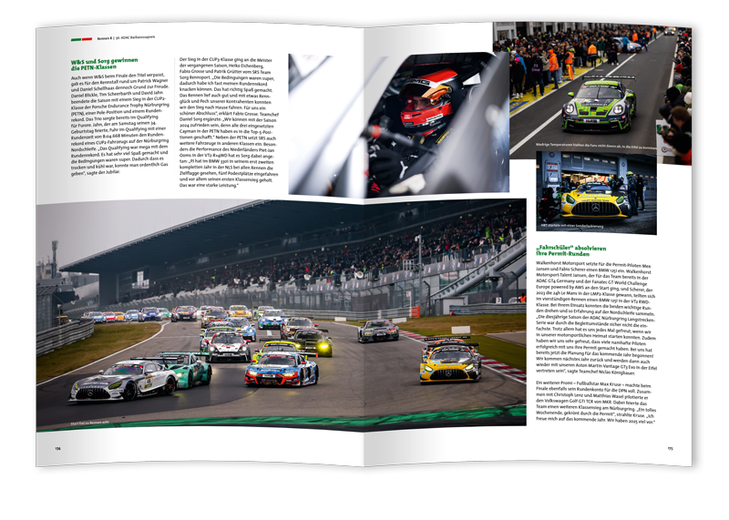 Doppelseitige Magazinseite mit mehreren Fotos von Rennwagen auf der Rennstrecke und Fahrern in den Fahrzeugen während eines ADAC GT Masters Rennens.