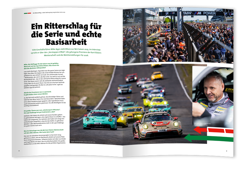 Magazin-Doppelseite mit dem Titel ‚Wir haben viel bewegt!‘, Text über den ADAC Nürburgring Langstrecken-Serie 2024, ein Foto von Rennwagen auf Rennstrecke, ein großes Bild einer Menschenmenge an der Rennstrecke und ein Porträt von VLN-Chef Mike Jäger in Rennanzug.