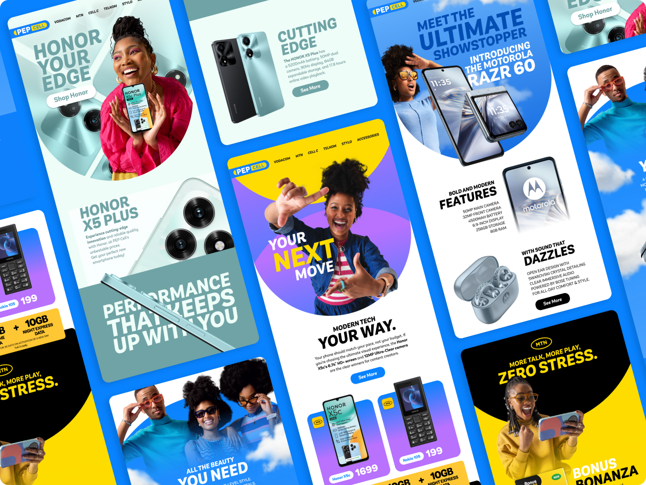 Promotional collage for Pep Cell featuring the Honor X5 Plus and Motorola Razr 60 smartphones, showcasing their key features and prices, with diverse people smiling and engaging with the devices against colorful backgrounds.